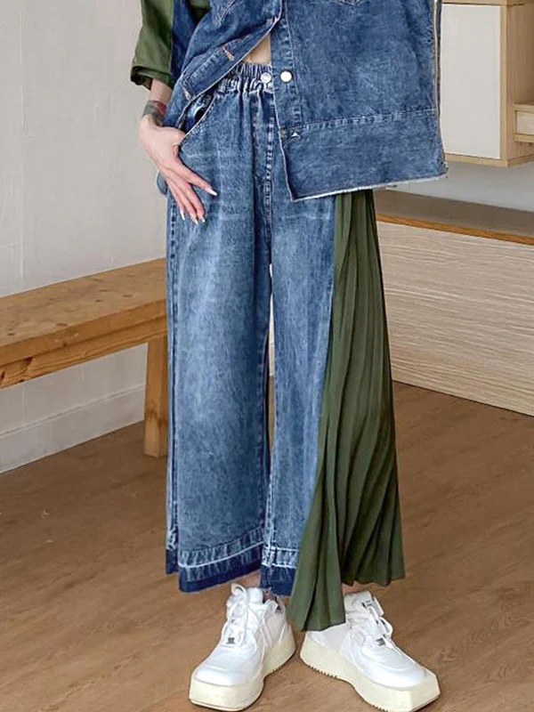 Loose Ninth Pants Contrast Color Pleated Split-Joint Jean Pants Bottoms - Image 15