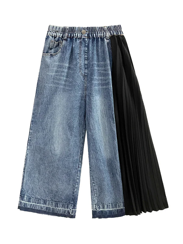 Loose Ninth Pants Contrast Color Pleated Split-Joint Jean Pants Bottoms - Image 16