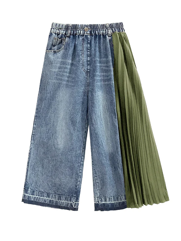 Loose Ninth Pants Contrast Color Pleated Split-Joint Jean Pants Bottoms - Image 17