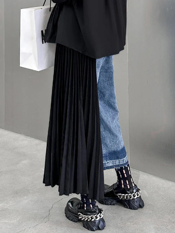 Loose Ninth Pants Contrast Color Pleated Split-Joint Jean Pants Bottoms - Image 3