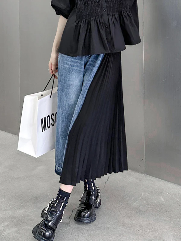 Loose Ninth Pants Contrast Color Pleated Split-Joint Jean Pants Bottoms - Image 4