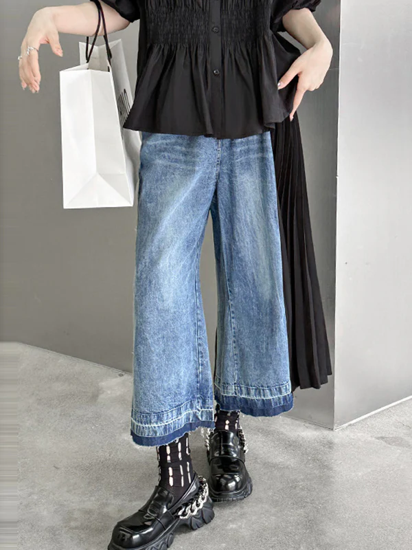 Loose Ninth Pants Contrast Color Pleated Split-Joint Jean Pants Bottoms - Image 5