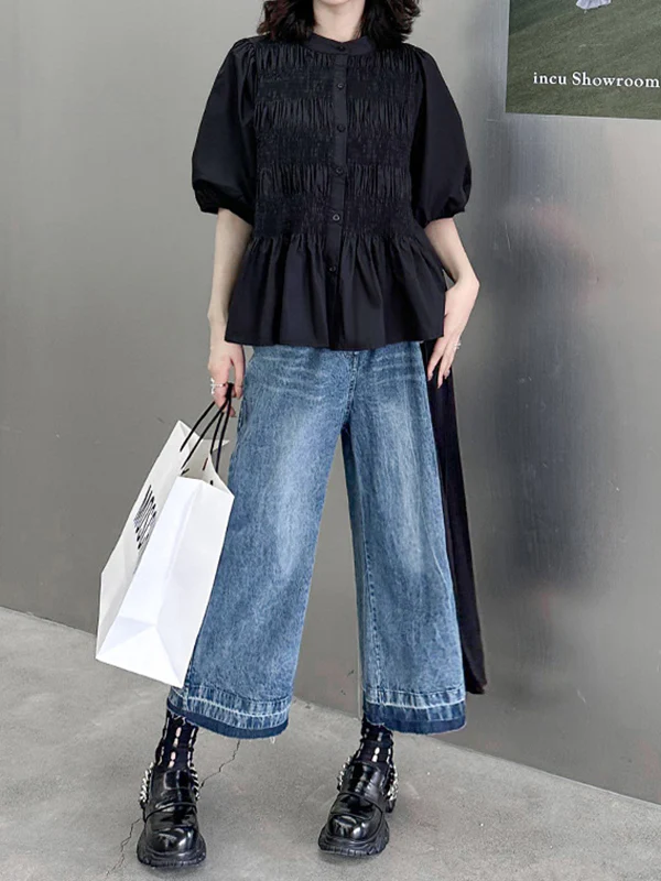 Loose Ninth Pants Contrast Color Pleated Split-Joint Jean Pants Bottoms - Image 6