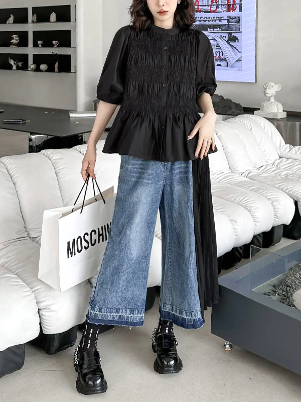 Loose Ninth Pants Contrast Color Pleated Split-Joint Jean Pants Bottoms - Image 8