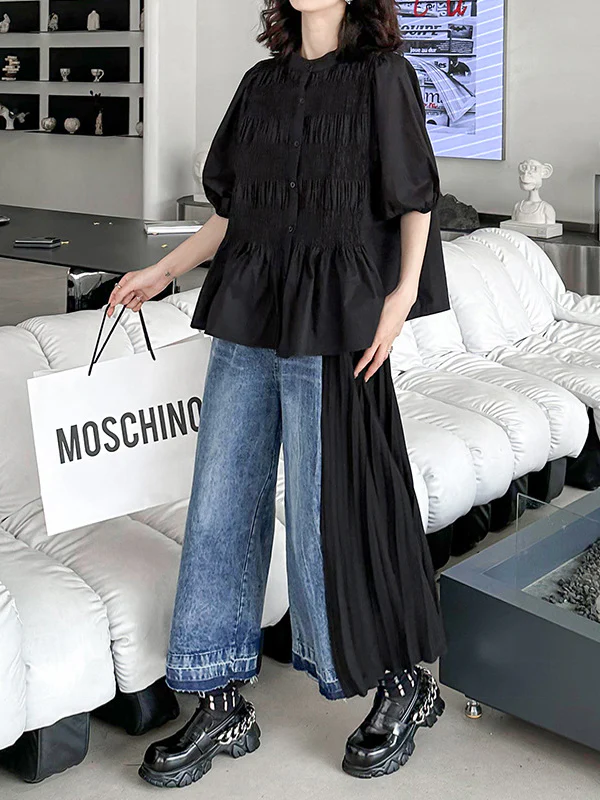 Loose Ninth Pants Contrast Color Pleated Split-Joint Jean Pants Bottoms - Image 9