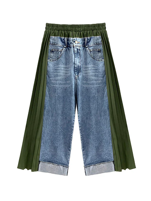 Loose Ninth Pants Contrast Color Pleated Split-Joint Wide Leg Jean Pants Bottoms - Image 10