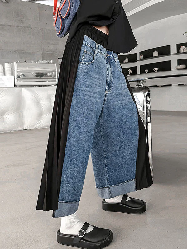 Loose Ninth Pants Contrast Color Pleated Split-Joint Wide Leg Jean Pants Bottoms - Image 2