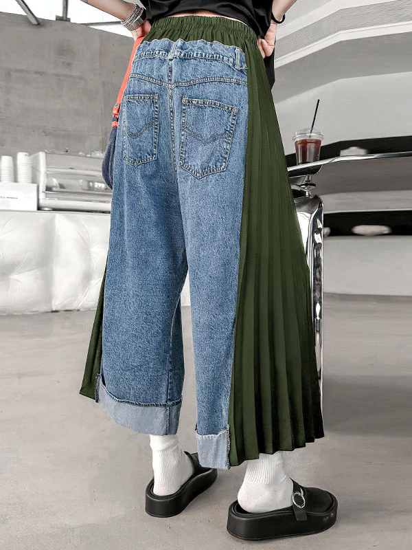 Loose Ninth Pants Contrast Color Pleated Split-Joint Wide Leg Jean Pants Bottoms - Image 3