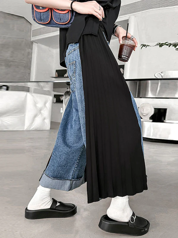 Loose Ninth Pants Contrast Color Pleated Split-Joint Wide Leg Jean Pants Bottoms - Image 4