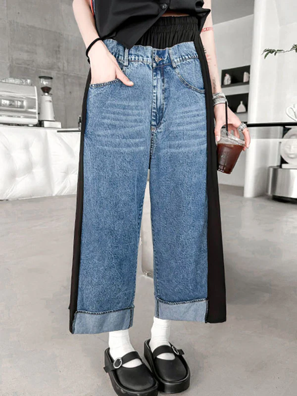 Loose Ninth Pants Contrast Color Pleated Split-Joint Wide Leg Jean Pants Bottoms - Image 5