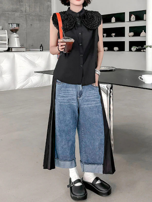 Loose Ninth Pants Contrast Color Pleated Split-Joint Wide Leg Jean Pants Bottoms - Image 6