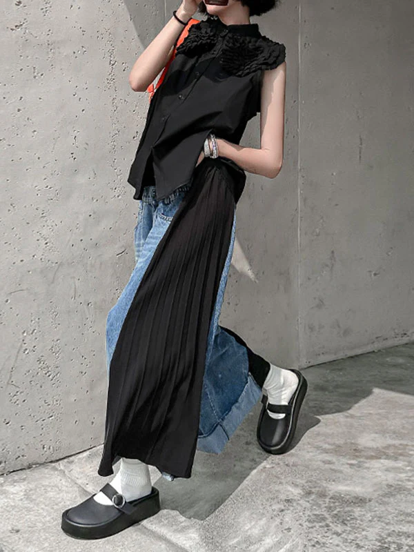 Loose Ninth Pants Contrast Color Pleated Split-Joint Wide Leg Jean Pants Bottoms - Image 7