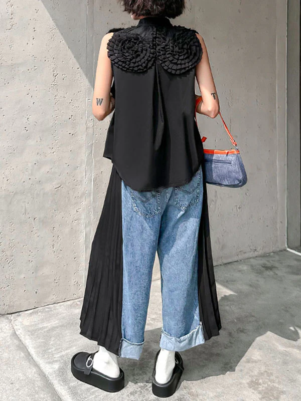 Loose Ninth Pants Contrast Color Pleated Split-Joint Wide Leg Jean Pants Bottoms - Image 8