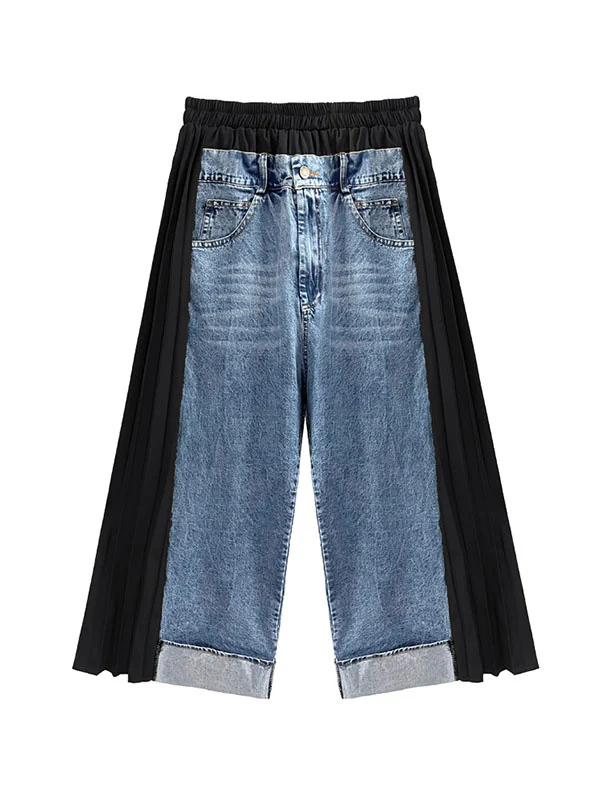Loose Ninth Pants Contrast Color Pleated Split-Joint Wide Leg Jean Pants Bottoms - Image 9