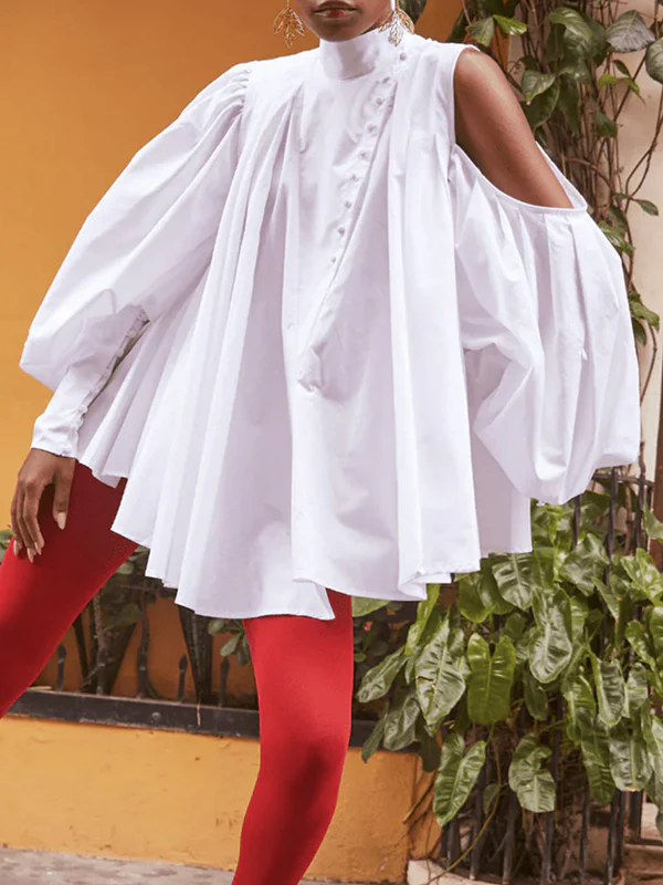 Loose Over Size Buttoned Solid Color High Neck Blouses&Shirts Tops - Image 2