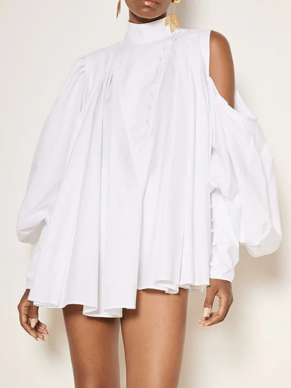 Loose Over Size Buttoned Solid Color High Neck Blouses&Shirts Tops - Image 4