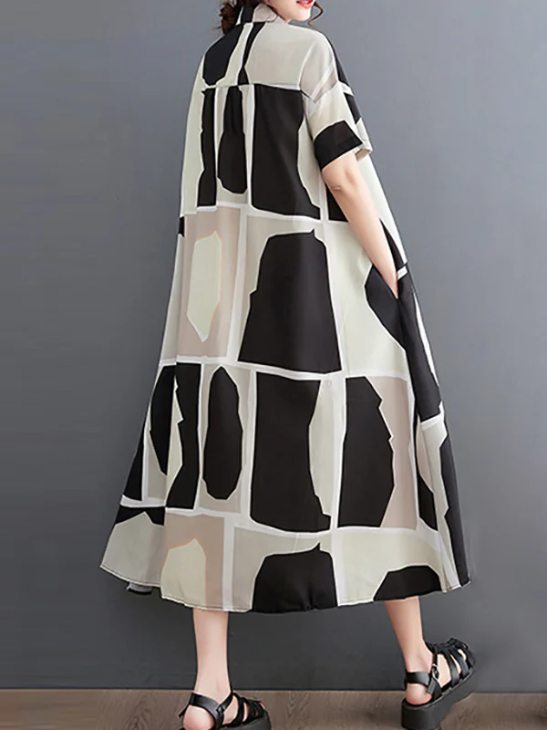 Loose Oversize Color-Block Printed Lapel Midi Dresses Shirt Dress - Image 10