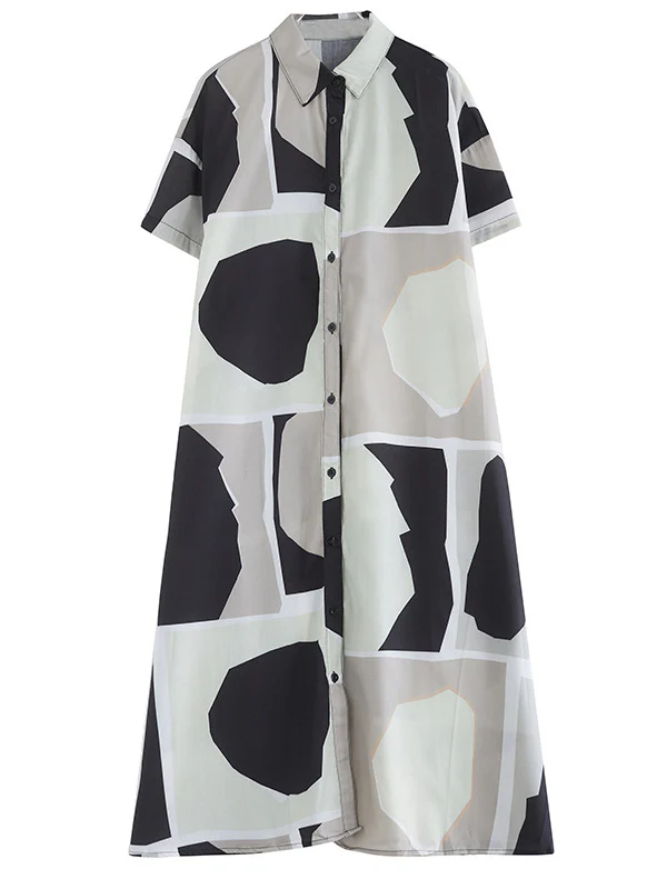Loose Oversize Color-Block Printed Lapel Midi Dresses Shirt Dress - Image 11