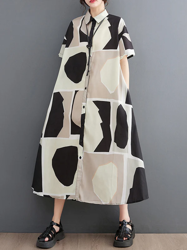 Loose Oversize Color-Block Printed Lapel Midi Dresses Shirt Dress - Image 2