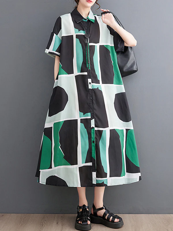 Loose Oversize Color-Block Printed Lapel Midi Dresses Shirt Dress - Image 3