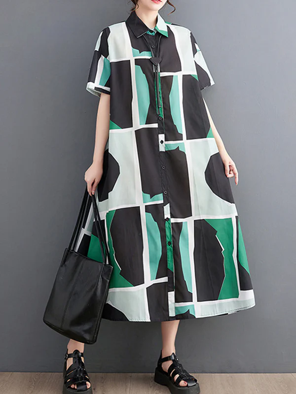 Loose Oversize Color-Block Printed Lapel Midi Dresses Shirt Dress - Image 4
