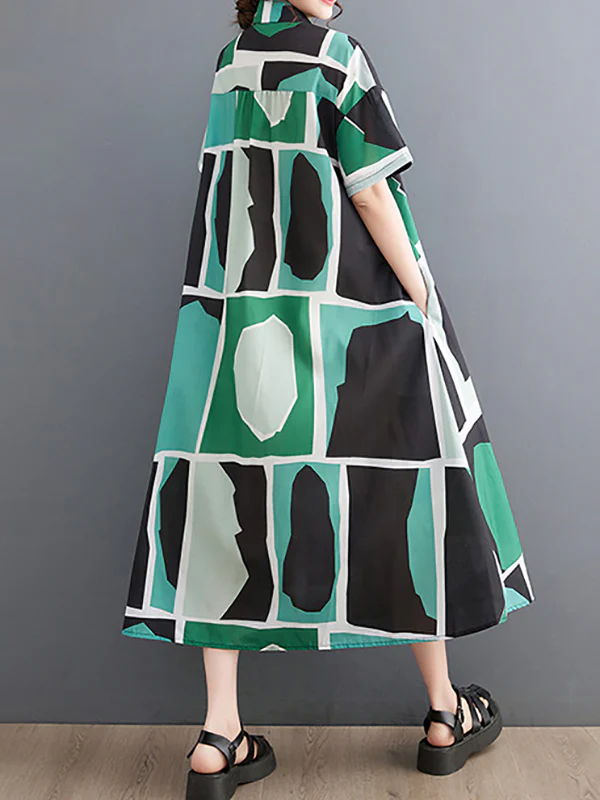 Loose Oversize Color-Block Printed Lapel Midi Dresses Shirt Dress - Image 5