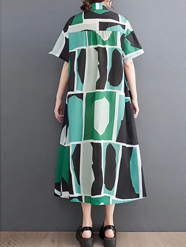 Loose Oversize Color-Block Printed Lapel Midi Dresses Shirt Dress - Image 6