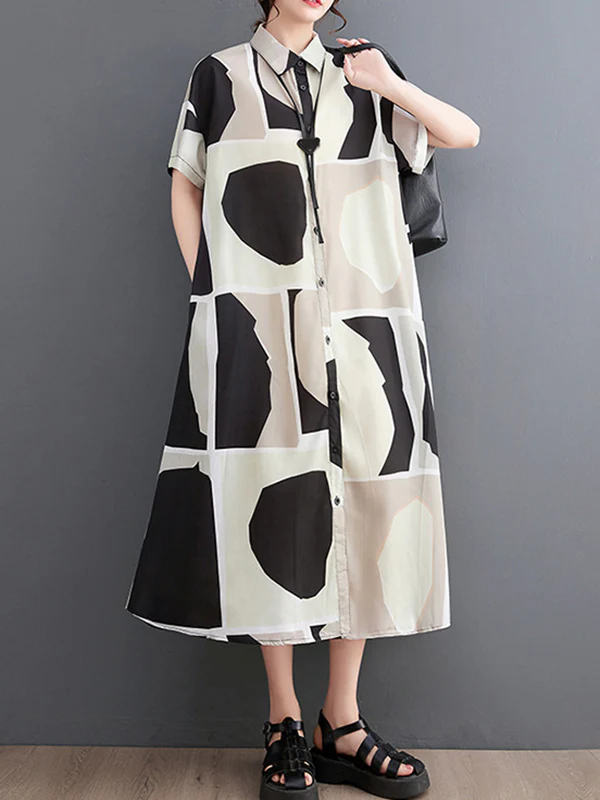 Loose Oversize Color-Block Printed Lapel Midi Dresses Shirt Dress - Image 7