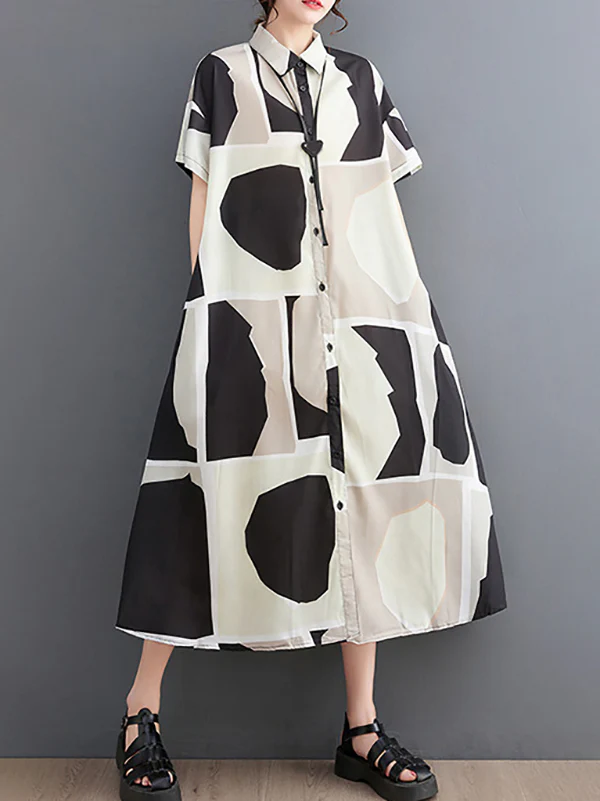 Loose Oversize Color-Block Printed Lapel Midi Dresses Shirt Dress - Image 8