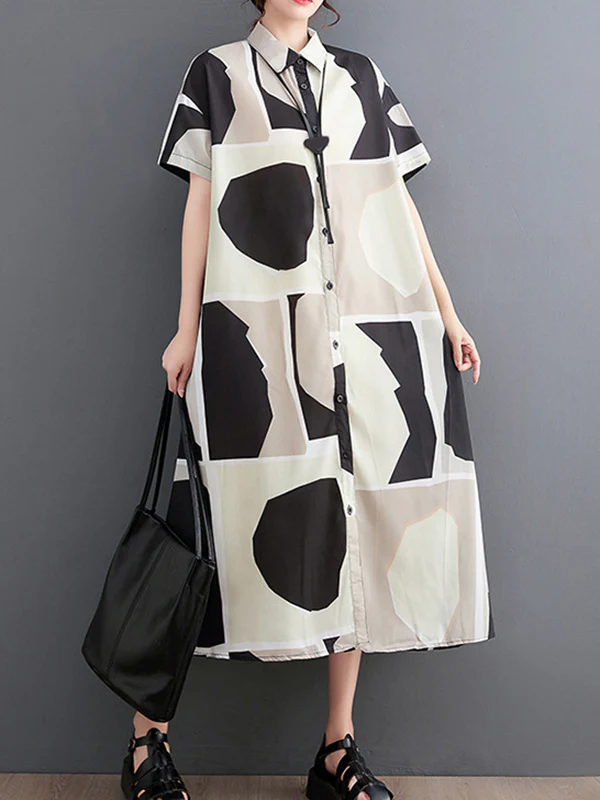 Loose Oversize Color-Block Printed Lapel Midi Dresses Shirt Dress - Image 9