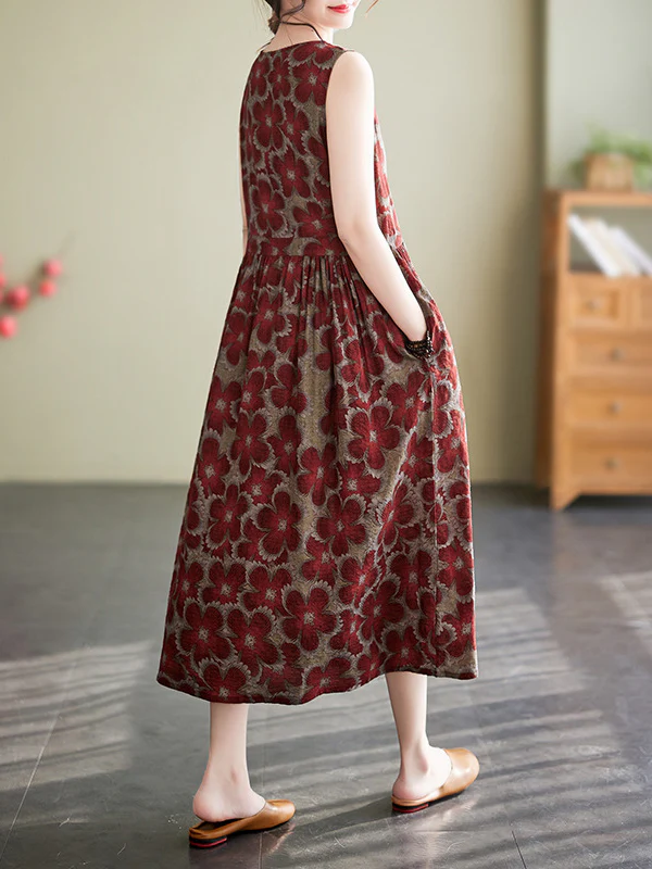 Loose Oversize Drawstring Floral Printed Round-Neck Midi Dresses - Image 10