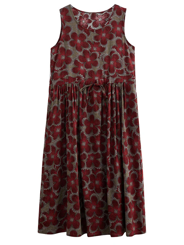Loose Oversize Drawstring Floral Printed Round-Neck Midi Dresses - Image 11