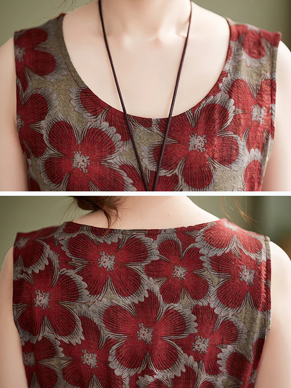 Loose Oversize Drawstring Floral Printed Round-Neck Midi Dresses - Image 12