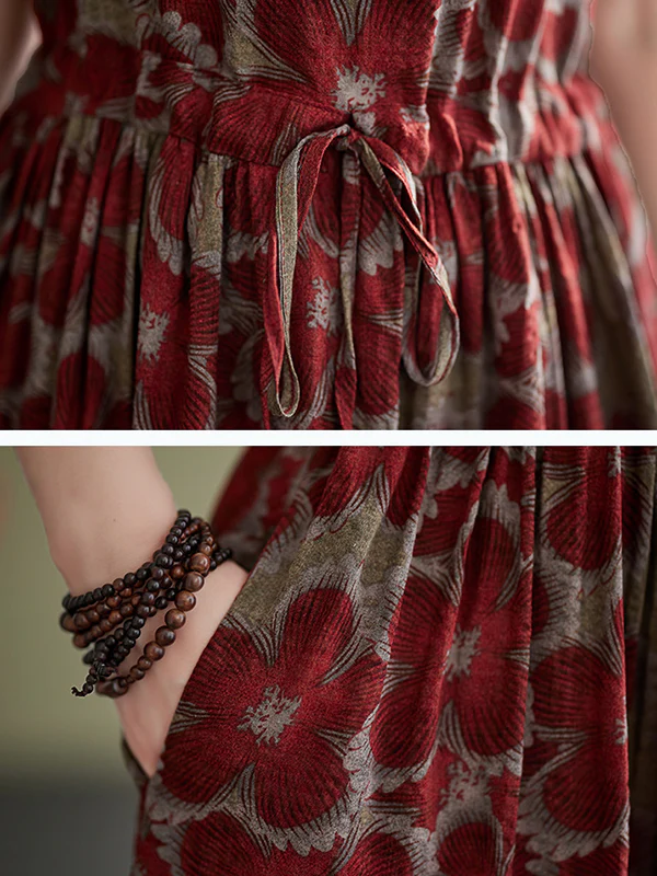 Loose Oversize Drawstring Floral Printed Round-Neck Midi Dresses - Image 13