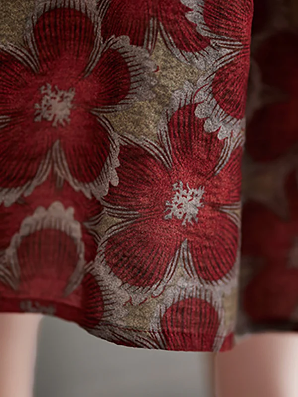 Loose Oversize Drawstring Floral Printed Round-Neck Midi Dresses - Image 14