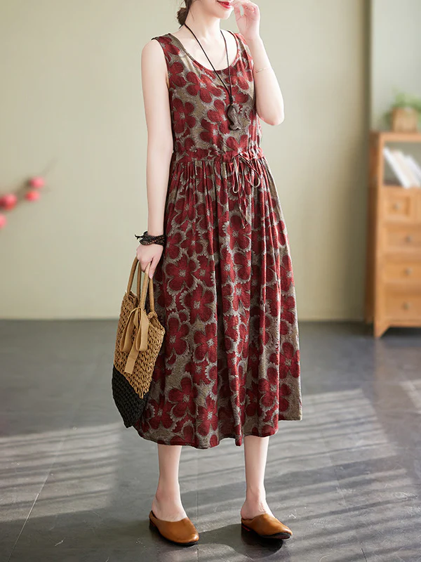Loose Oversize Drawstring Floral Printed Round-Neck Midi Dresses - Image 2