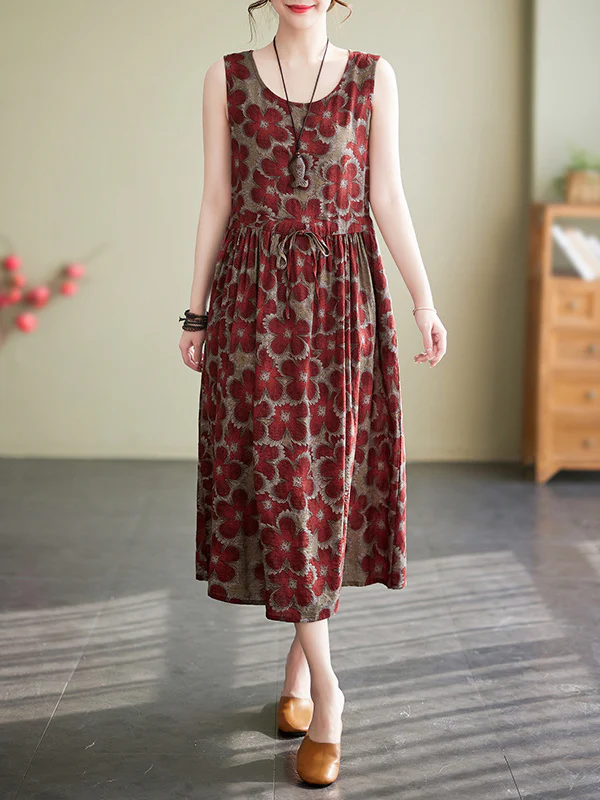 Loose Oversize Drawstring Floral Printed Round-Neck Midi Dresses - Image 3
