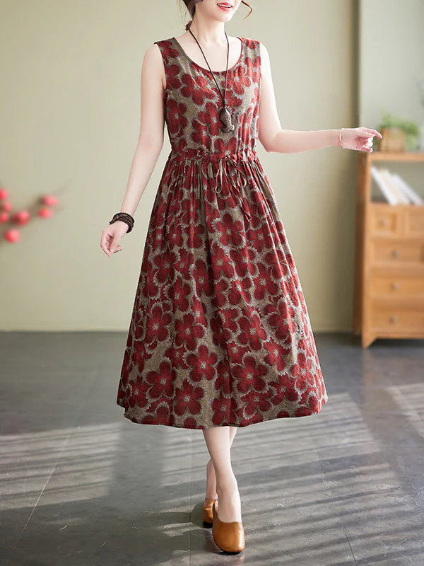 Loose Oversize Drawstring Floral Printed Round-Neck Midi Dresses - Image 4