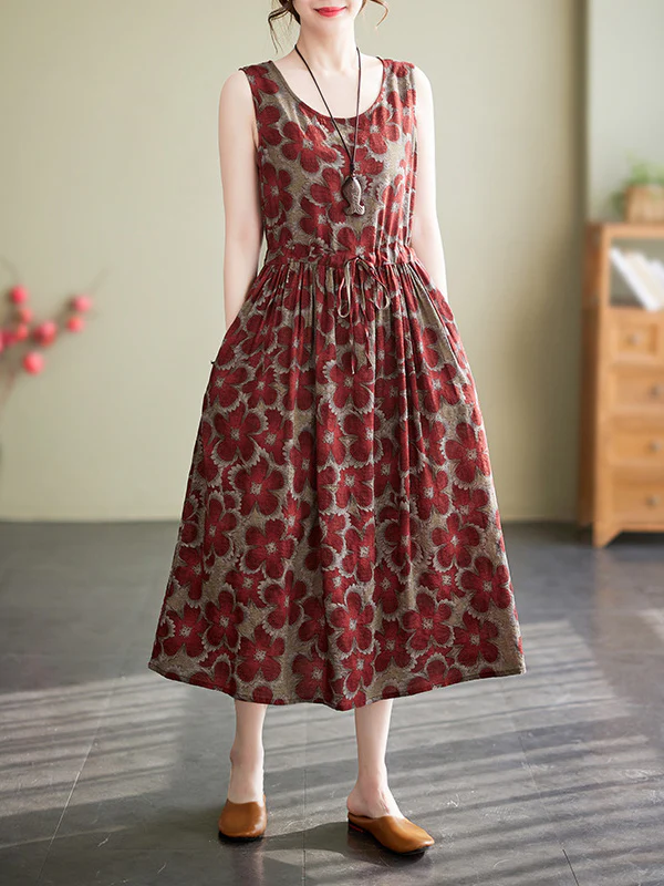 Loose Oversize Drawstring Floral Printed Round-Neck Midi Dresses - Image 5