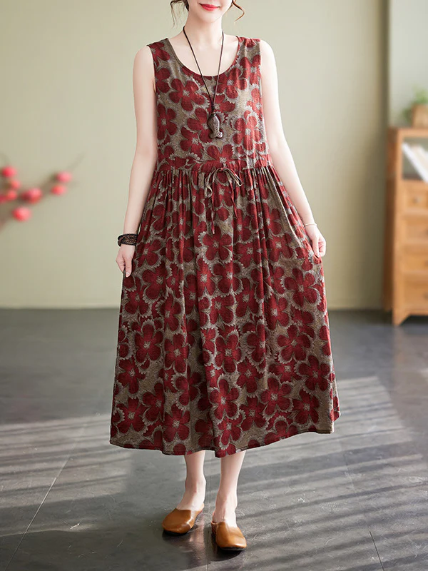 Loose Oversize Drawstring Floral Printed Round-Neck Midi Dresses - Image 6