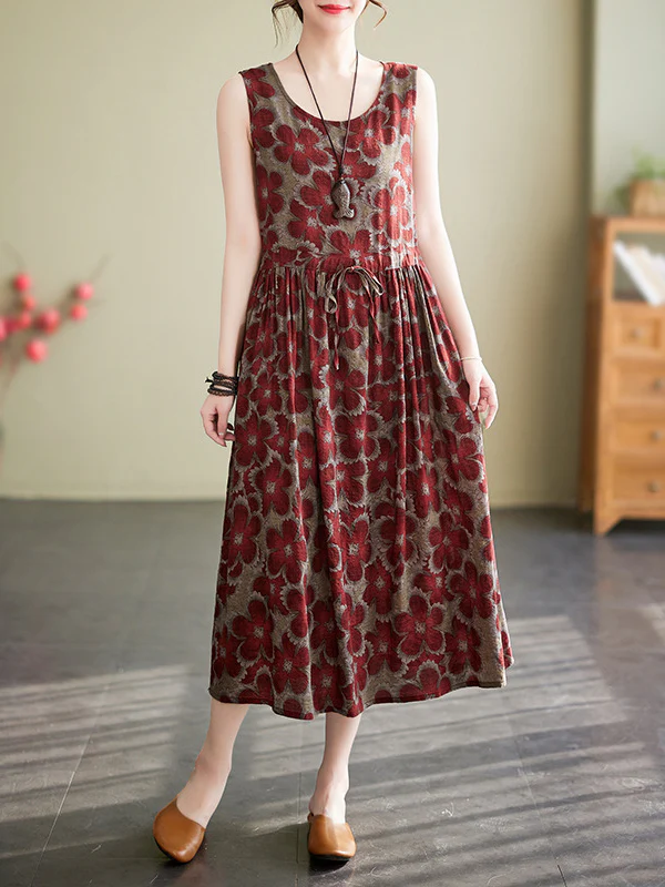 Loose Oversize Drawstring Floral Printed Round-Neck Midi Dresses - Image 7