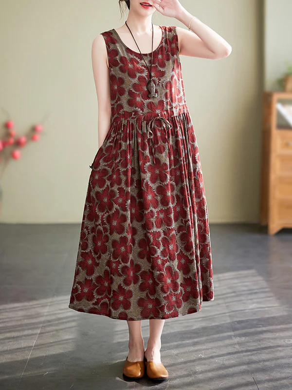 Loose Oversize Drawstring Floral Printed Round-Neck Midi Dresses - Image 8