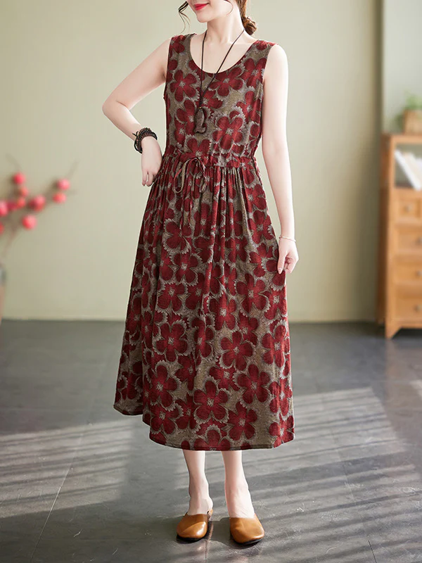 Loose Oversize Drawstring Floral Printed Round-Neck Midi Dresses - Image 9
