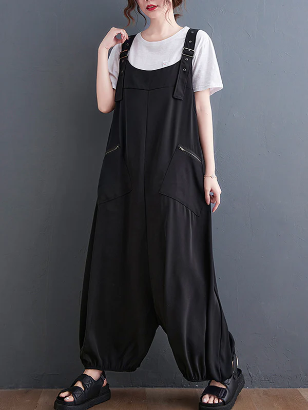 Loose Oversize Solid Color Zipper Jumpsuits Bottoms - Image 3