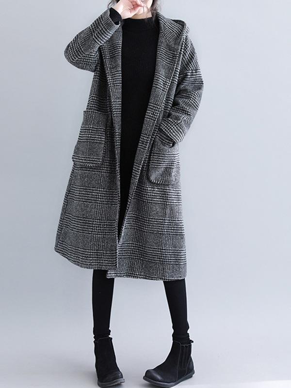 Loose Plaid Woolen Hood Coat - Image 10