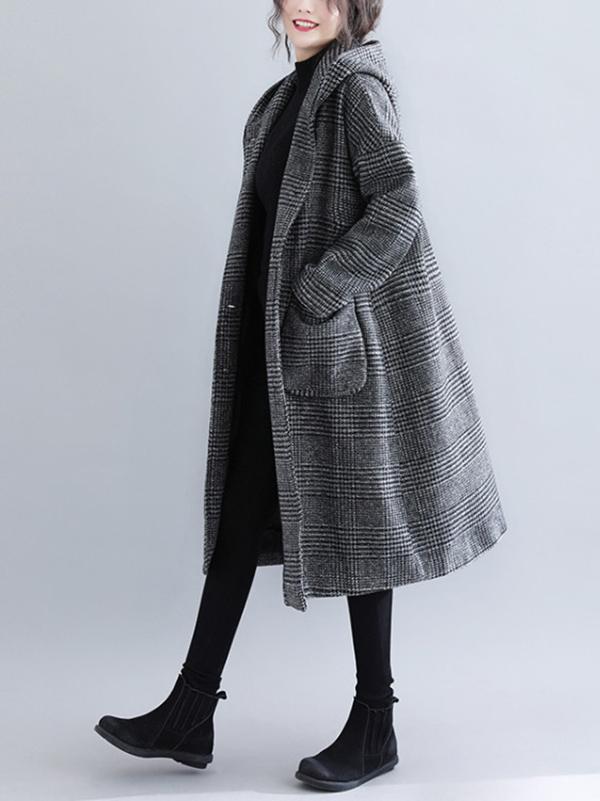 Loose Plaid Woolen Hood Coat - Image 11