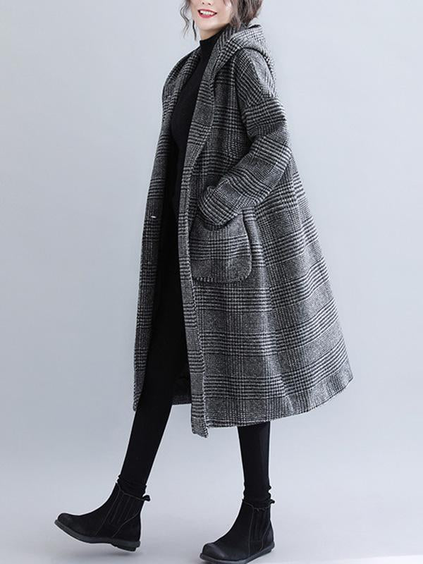 Loose Plaid Woolen Hood Coat - Image 12