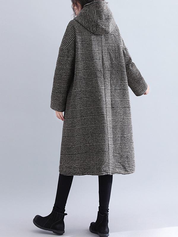 Loose Plaid Woolen Hood Coat - Image 14