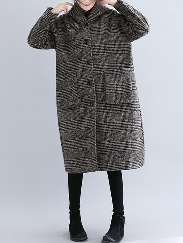 Loose Plaid Woolen Hood Coat - Image 2