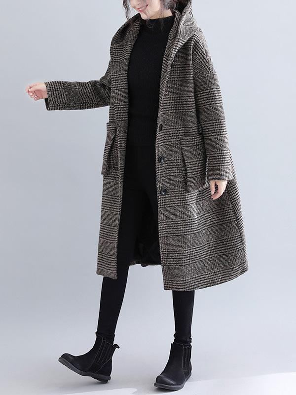 Loose Plaid Woolen Hood Coat - Image 3
